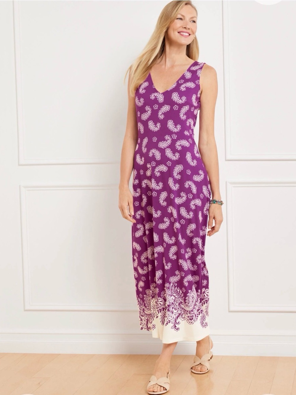 Talbots Purple Paisley V-Neck Midi Dress